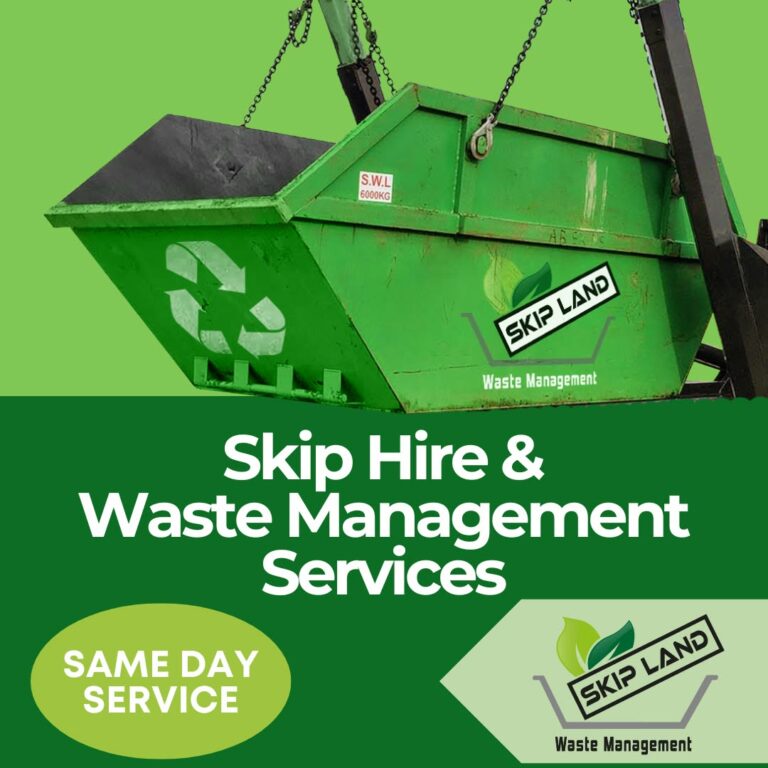 skip waste container with Skipland Waste Management logo